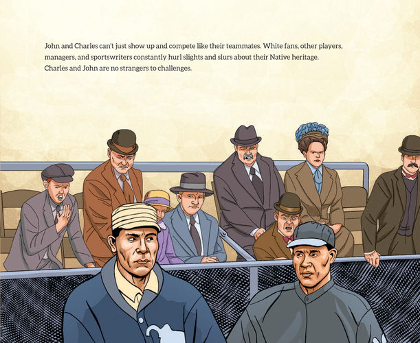 Interior page from "Contenders: Two Native Baseball Players, One World Series" published by Kokila Books/Penguin/Random House 2023.